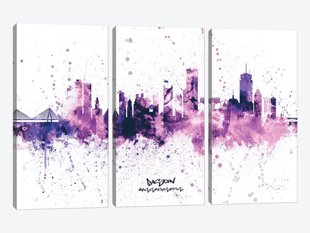 Boston Skyline Splash Purple by Michael Tompsett 3-piece Canvas Wall Art