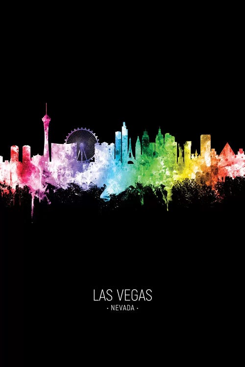 Las Vegas Nevada Skyline Portrait Rainbow Black by Michael Tompsett wall art