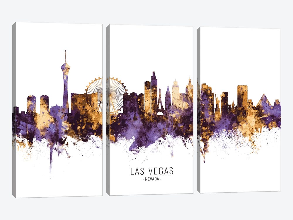 Las Vegas Nevada Skyline Purple Gold by Michael Tompsett 3-piece Canvas Print