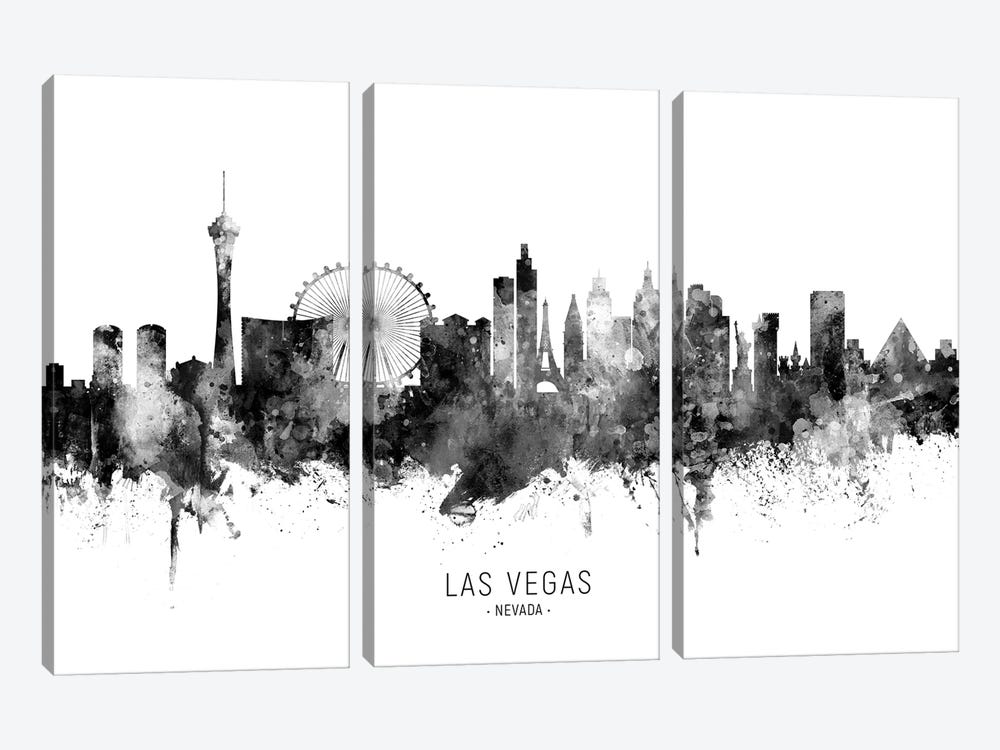 Las Vegas Nevada Skyline Name Black And White by Michael Tompsett 3-piece Canvas Art Print