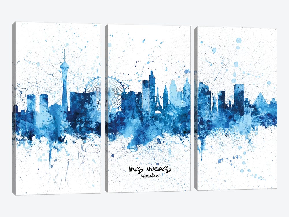 Las Vegas Nevada Skyline Splash Blue by Michael Tompsett 3-piece Art Print