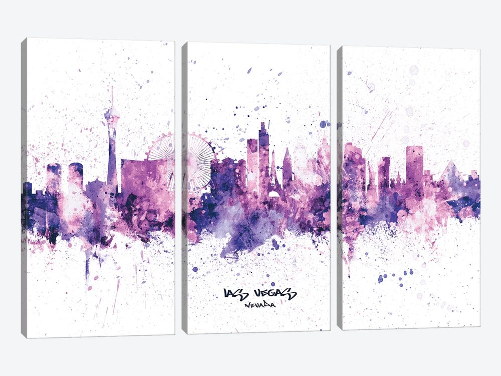 Las Vegas Nevada Skyline Splash Purple by Michael Tompsett 3-piece Canvas Art Print