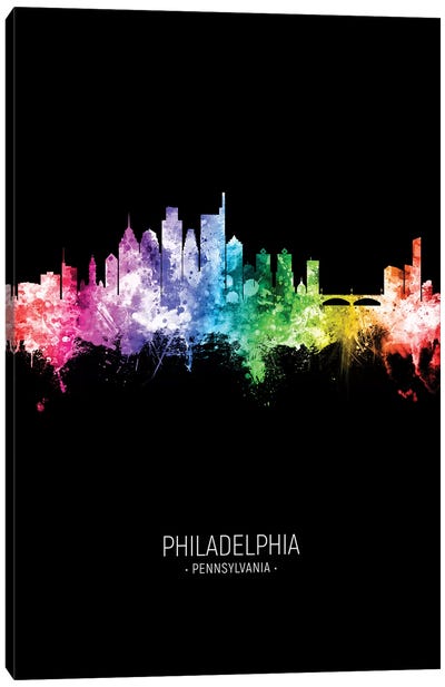 Philadelphia Skyline Portrait Rainbow Black Canvas Art Print - Philadelphia Art