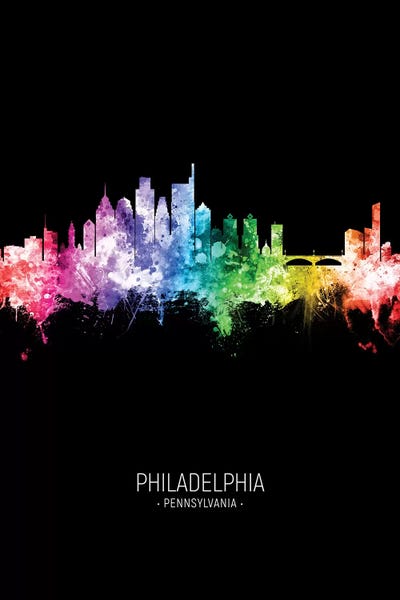 Pennsylvania: Philadelphia Skyline Portrait Rainbow Black by Michael Tompsett