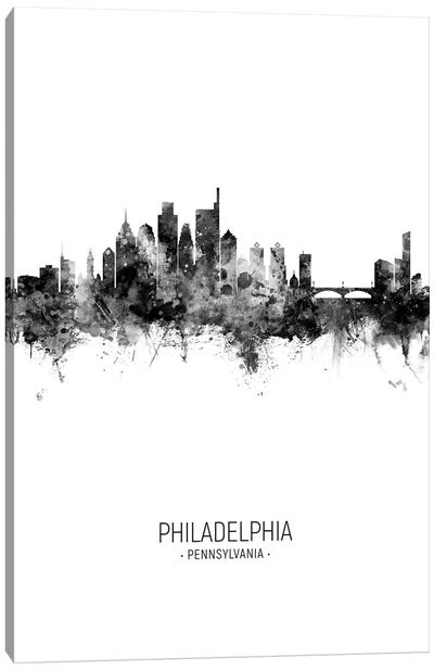 Philadelphia Skyline Portrait Black And White Canvas Art Print - Philadelphia Skylines