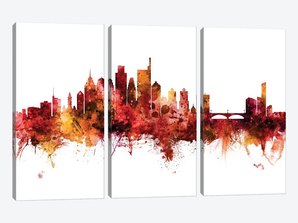 Philadelphia Pennsylvania Skyline Red by Michael Tompsett 3-piece Canvas Print