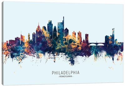 Philadelphia Skyline Blue Orange Canvas Art Print - Michael Tompsett