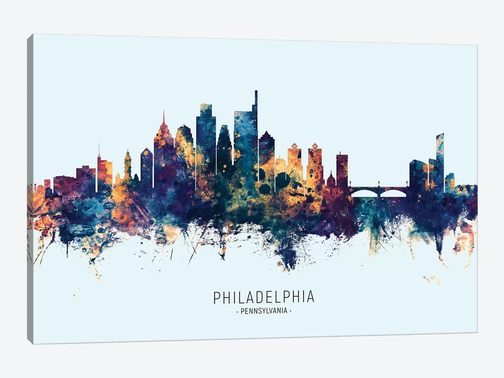 Philadelphia Skyline Blue Orange by Michael Tompsett 1-piece Canvas Wall Art