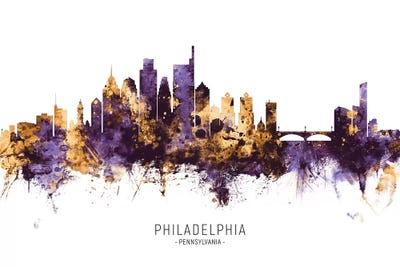 Philadelphia Skyline Purple Gold by Michael Tompsett art print
