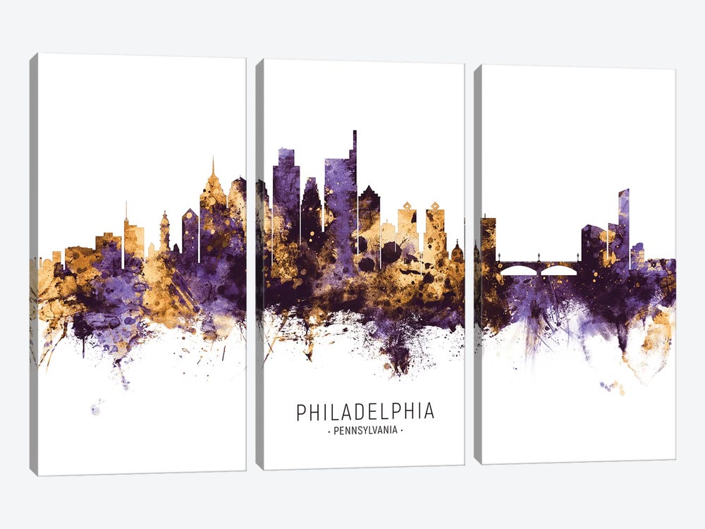 Philadelphia Skyline Purple Gold by Michael Tompsett 3-piece Art Print