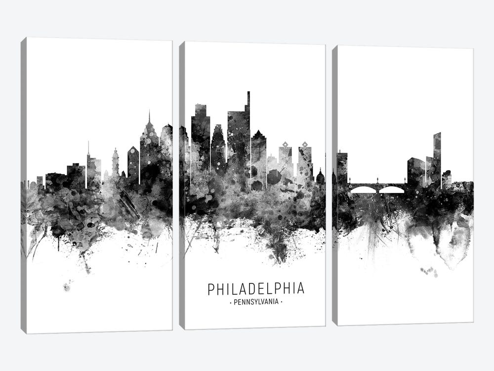 Philadelphia Skyline Name Black And White by Michael Tompsett 3-piece Canvas Wall Art