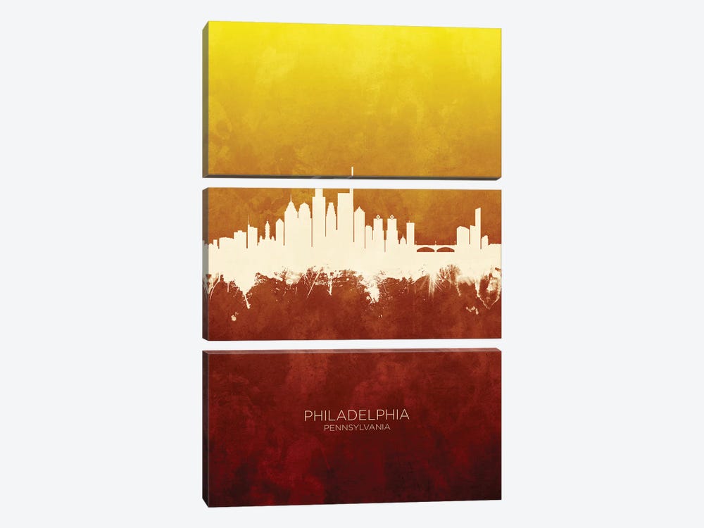 Philadelphia Skyline Red Gold by Michael Tompsett 3-piece Canvas Wall Art