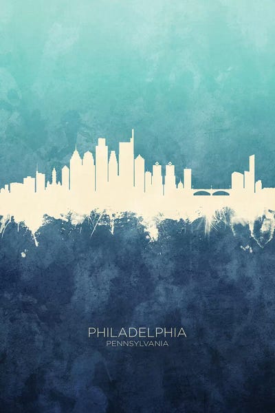 Pennsylvania: Philadelphia Skyline Navy Cyan by Michael Tompsett