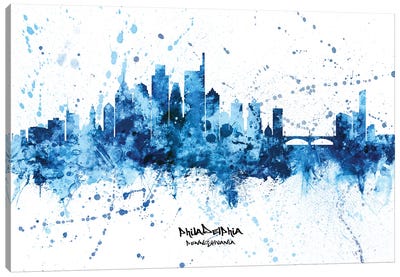 Philadelphia Skyline Splash Blue Canvas Art Print - Philadelphia Skylines