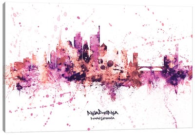 Philadelphia Skyline Splash Pink Canvas Art Print - Philadelphia Skylines