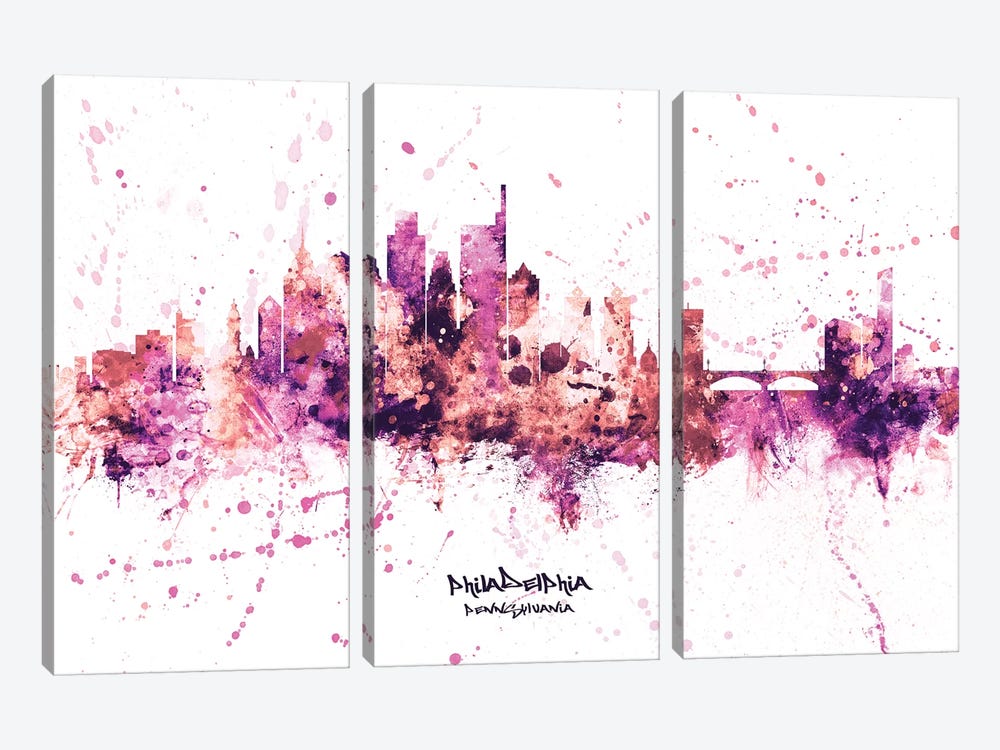 Philadelphia Skyline Splash Pink by Michael Tompsett 3-piece Canvas Artwork
