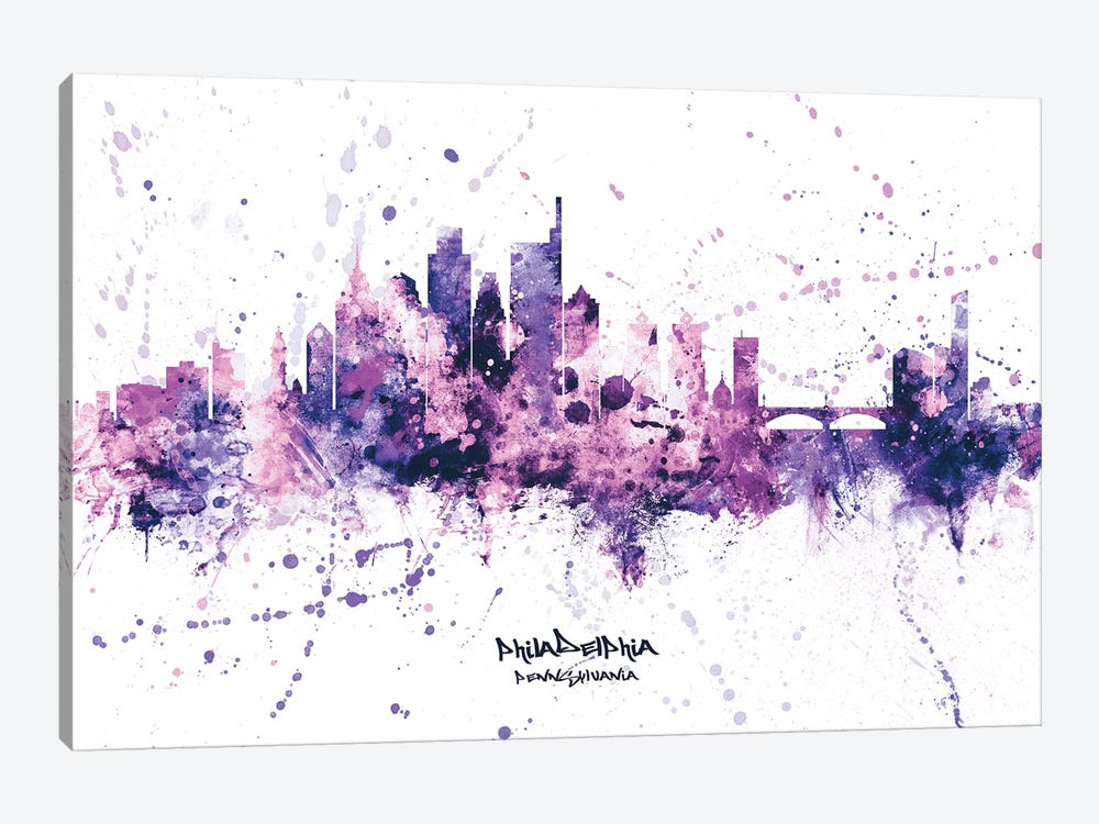 Philadelphia Skyline Splash Purple by Michael Tompsett 1-piece Art Print