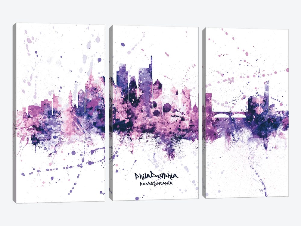 Philadelphia Skyline Splash Purple by Michael Tompsett 3-piece Canvas Print