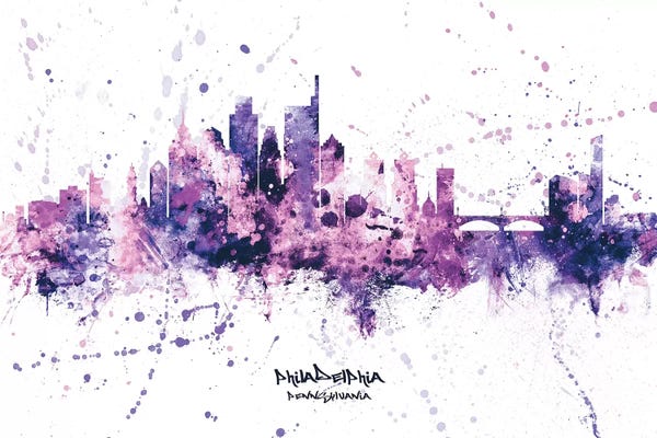 Pennsylvania: Philadelphia Skyline Splash Purple by Michael Tompsett