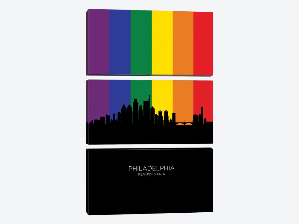 Philadelphia Skyline Rainbow Flag by Michael Tompsett 3-piece Canvas Art Print