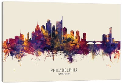 Philadelphia Skyline Red Beige Canvas Art Print - Philadelphia Skylines