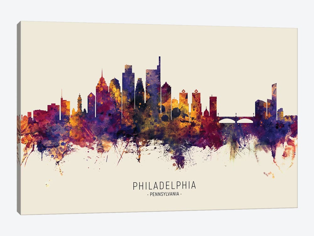 Philadelphia Skyline Red Beige by Michael Tompsett 1-piece Canvas Artwork