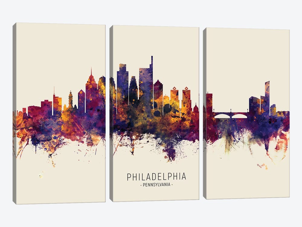 Philadelphia Skyline Red Beige by Michael Tompsett 3-piece Canvas Wall Art