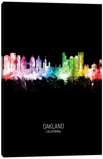 Oakland California Skyline Portrait Rainbow Black Canvas Art Print - Oakland Art