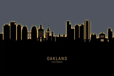 Oakland California Skyline Glow Orange by Michael Tompsett framed wall art