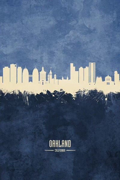 Oakland California Skyline Navy by Michael Tompsett framed wall art