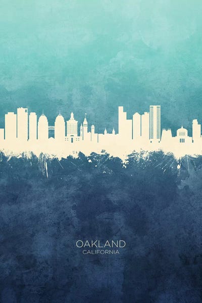 Oakland: Oakland California Skyline Navy Cyan by Michael Tompsett