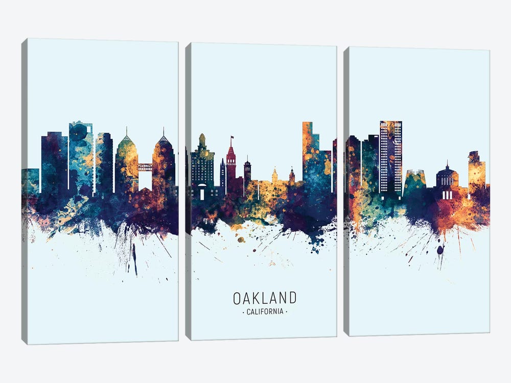 Oakland California Skyline Blue Orange by Michael Tompsett 3-piece Canvas Art Print