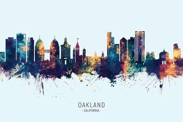 Michael Tompsett: Oakland California Skyline Blue Orange by Michael Tompsett