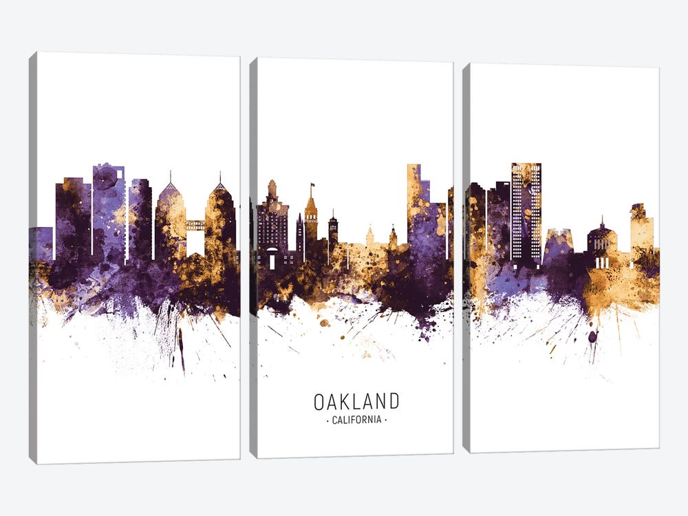 Oakland California Skyline Purple Gold by Michael Tompsett 3-piece Canvas Art