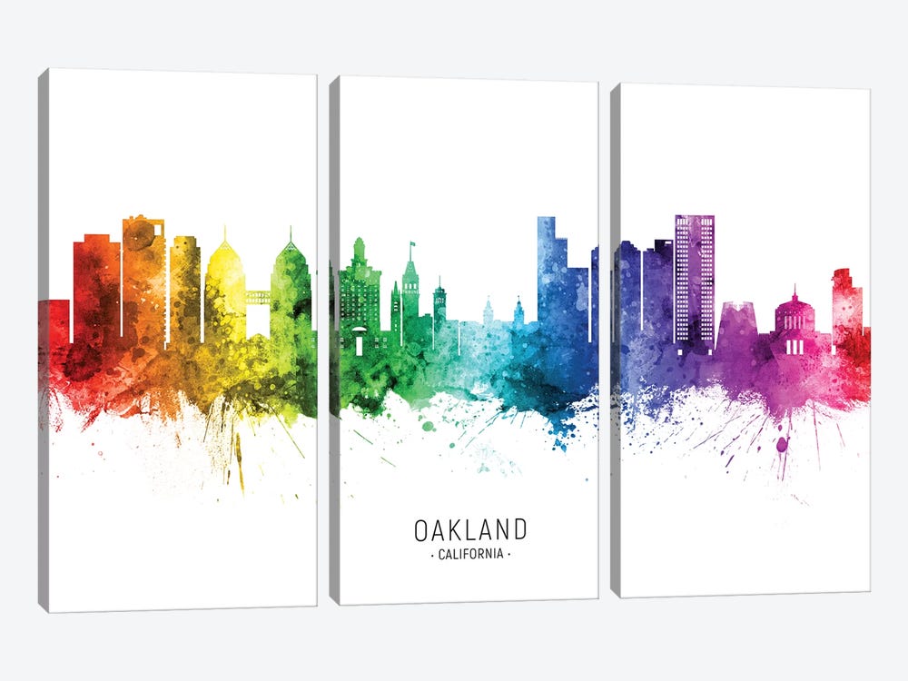 Oakland California Skyline Rainbow by Michael Tompsett 3-piece Canvas Wall Art