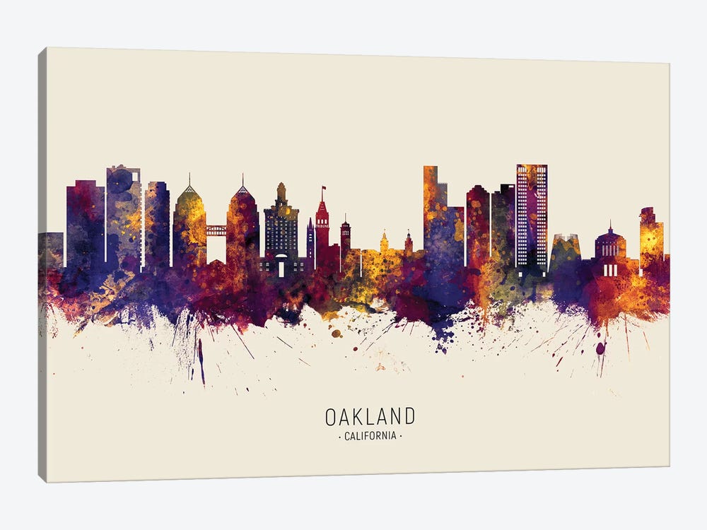 Oakland California Skyline Red Beige by Michael Tompsett 1-piece Canvas Wall Art