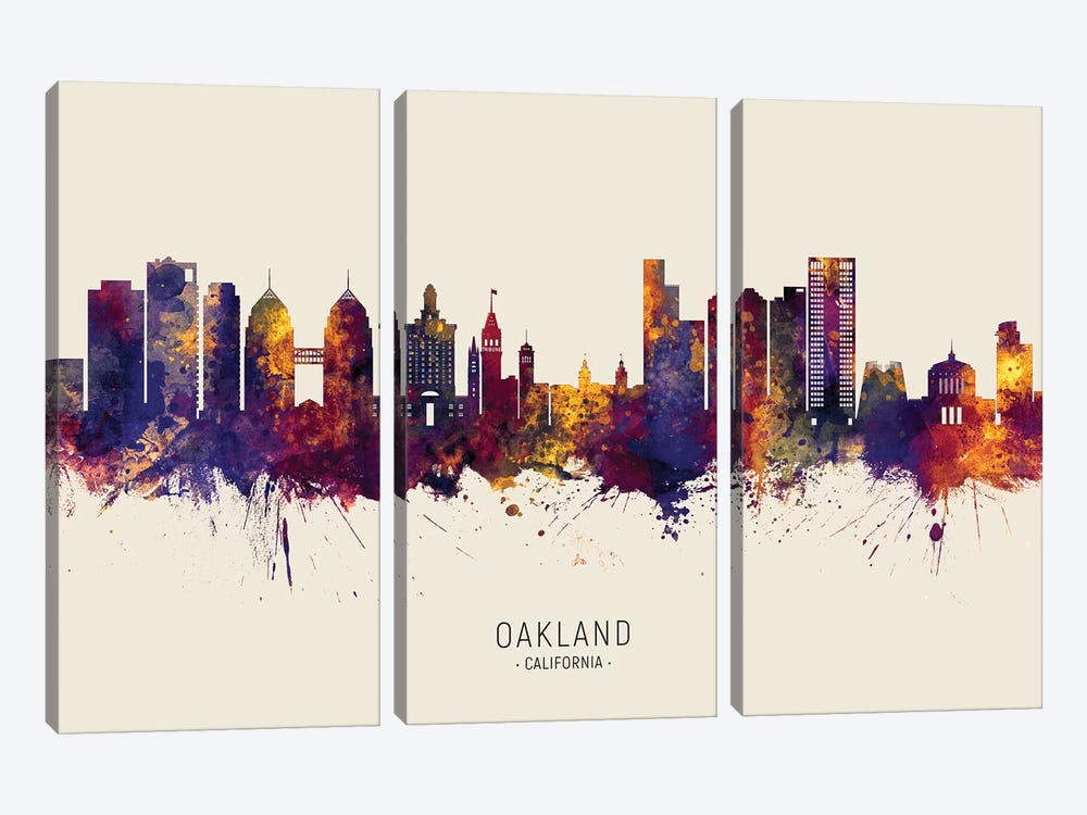 Oakland California Skyline Red Beige by Michael Tompsett 3-piece Canvas Wall Art