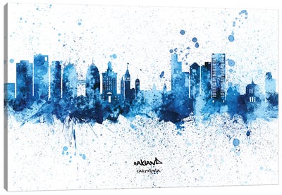 Oakland California Skyline Splash Blue Canvas Art Print - Oakland Art
