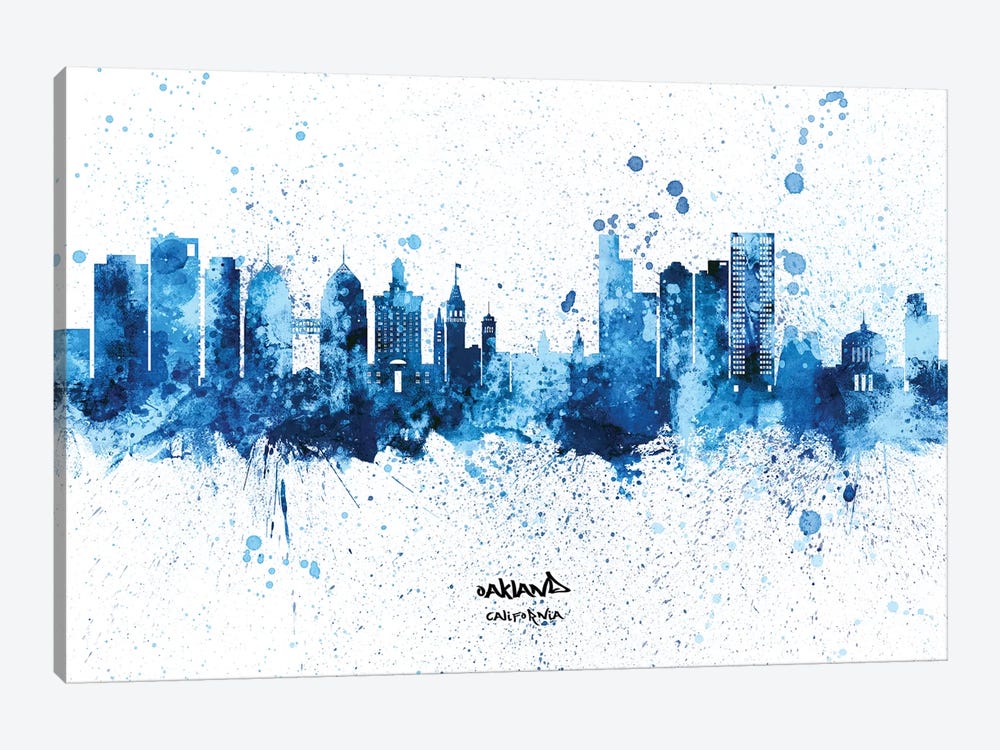 Oakland California Skyline Splash Blue by Michael Tompsett 1-piece Canvas Art Print