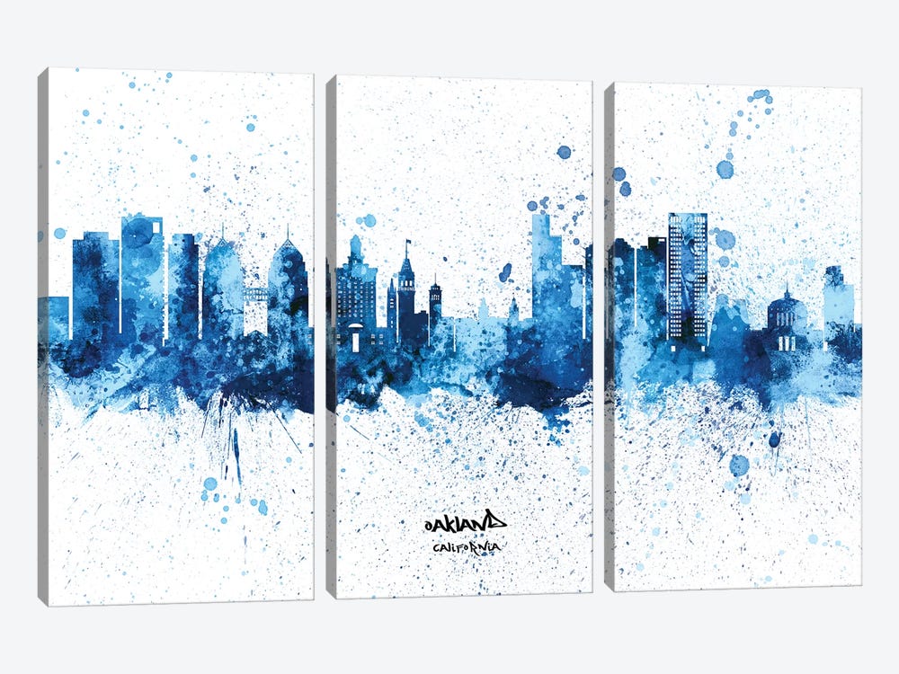 Oakland California Skyline Splash Blue by Michael Tompsett 3-piece Art Print