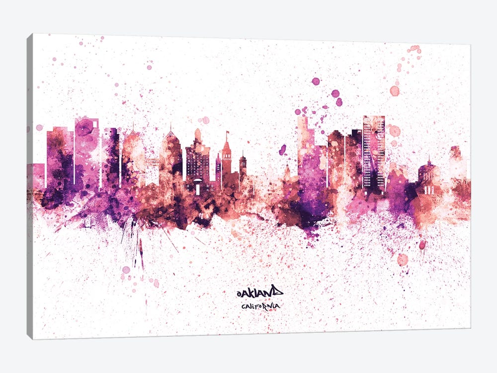 Oakland California Skyline Splash Pink by Michael Tompsett 1-piece Canvas Art