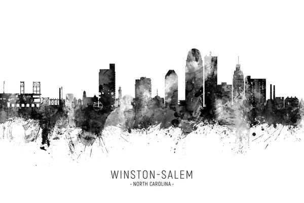North Carolina: Winston Salem Skyline Name Black & White by Michael Tompsett