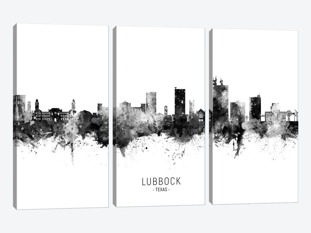 Lubbock Texas Skyline Name Black & White by Michael Tompsett 3-piece Canvas Art Print