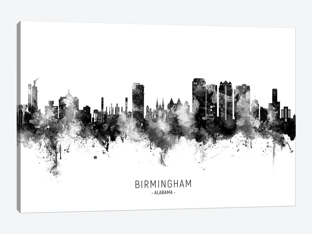 Birmingham Alabama Skyline Name Black & White by Michael Tompsett 1-piece Canvas Art