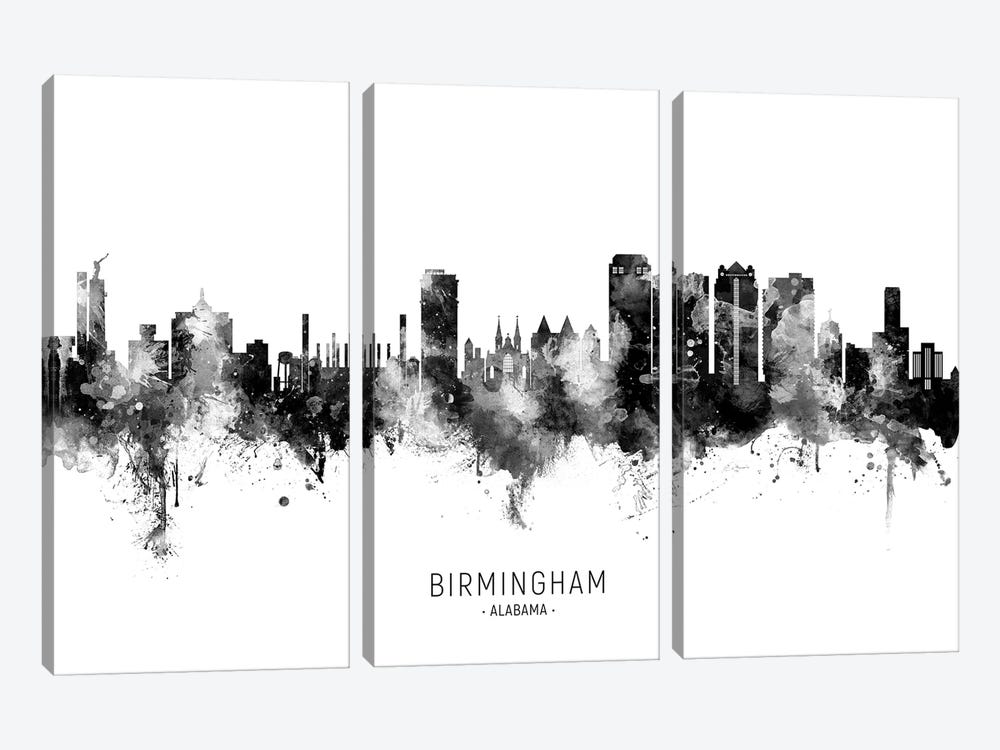 Birmingham Alabama Skyline Name Black & White by Michael Tompsett 3-piece Canvas Artwork
