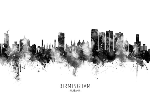 Large Black & White Art - Canvas Prints: Birmingham Alabama Skyline Name Black & White by Michael Tompsett