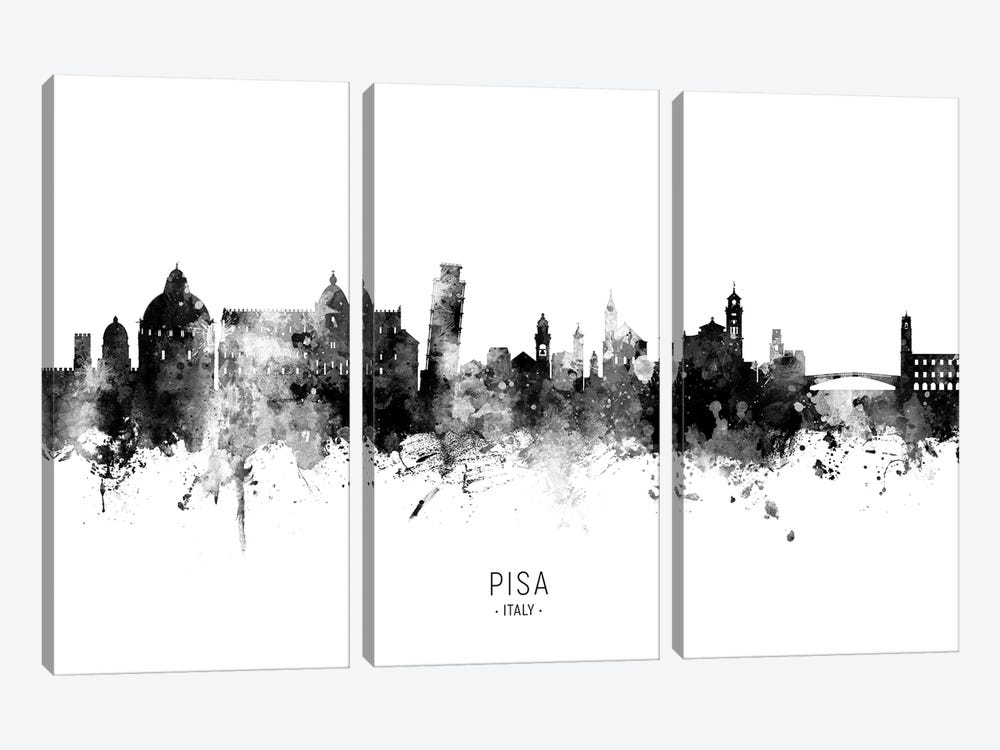 Pisa Italy Skyline Name In Black And White by Michael Tompsett 3-piece Canvas Print