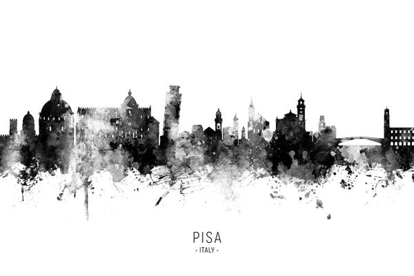 Pisa: Pisa Italy Skyline Name In Black And White by Michael Tompsett