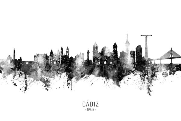Andalusia: Cadiz Spain Skyline Name Bw by Michael Tompsett