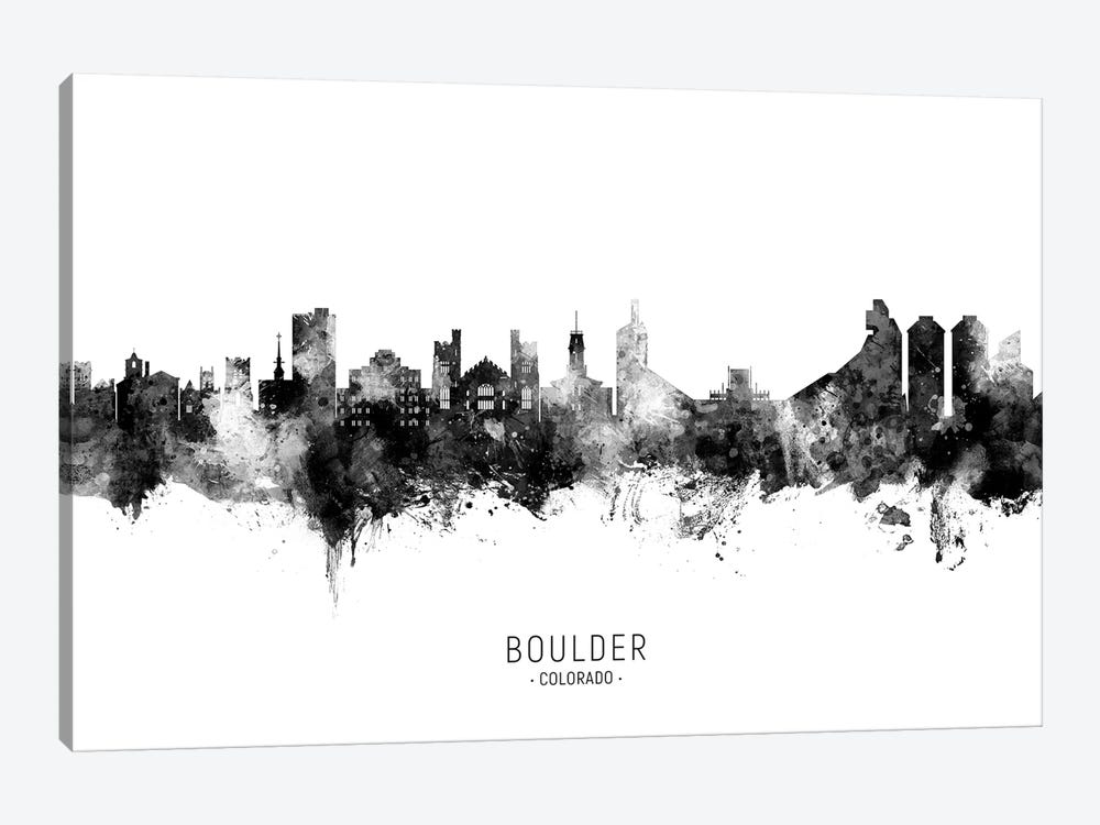 Boulder Colorado Skyline Name In Black And White by Michael Tompsett 1-piece Canvas Wall Art